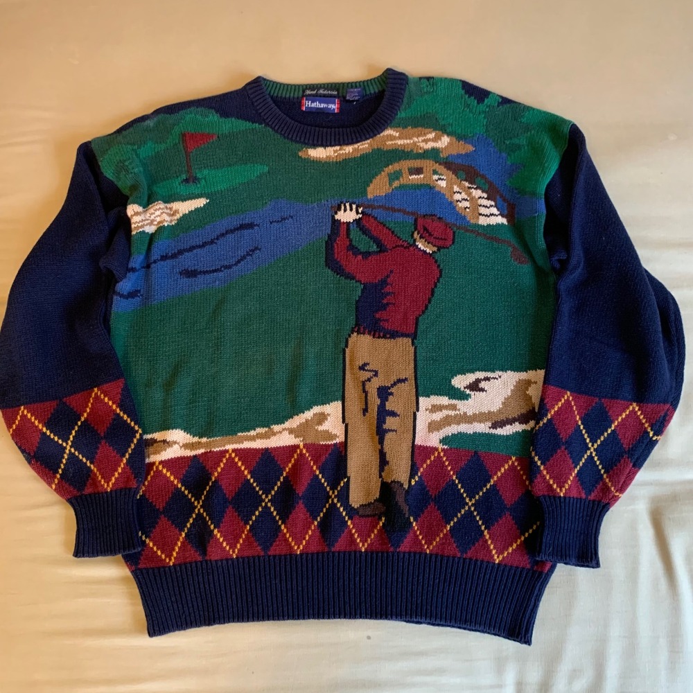 VTG Hathaway Mens‎ L Golf Scene Hand Intarsia 100% Cotton Sweater Argyle Retro
